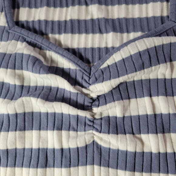 Madewell Women Cotton Blue & White Striped Ribbed Short Sleeve V-Neck Top XS - Picture 3 of 5